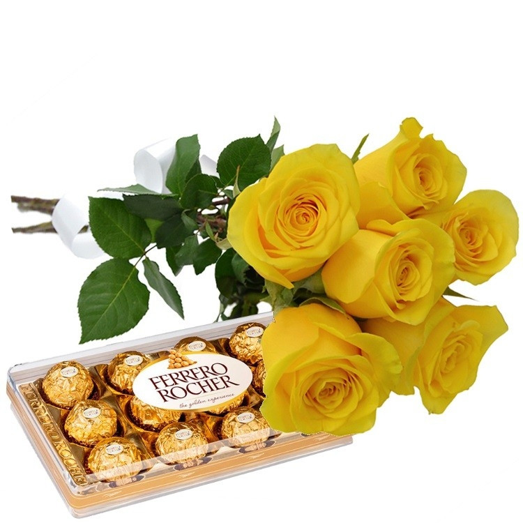 Buquê 6 Rosas Amarelas com Ferrero Rocher