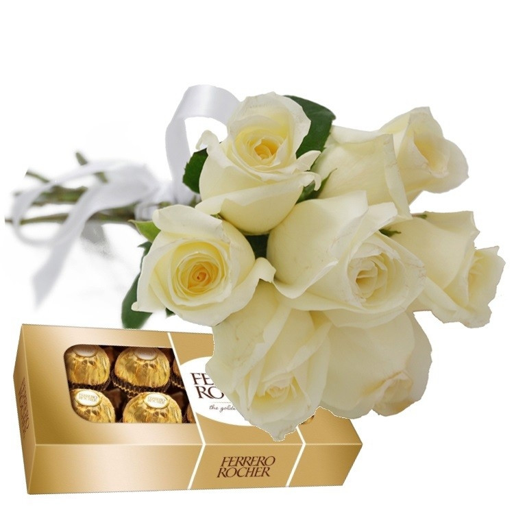 Buquê 6 Rosas Brancas e Ferrero