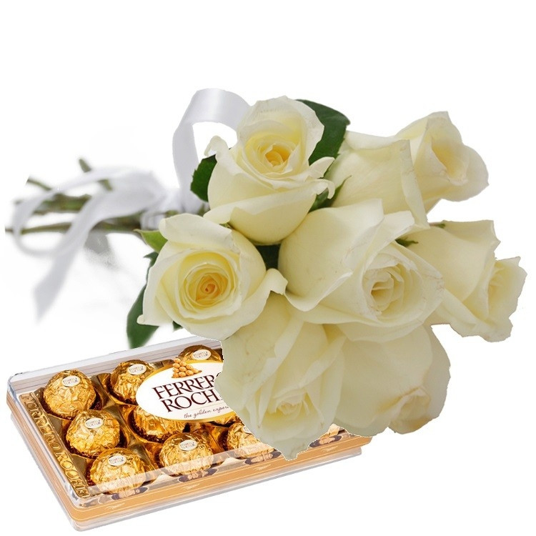 Buquê 6 Rosas Brancas com Ferrero Rocher