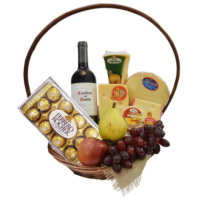 Cesta Queijos, Vinho e Chocolates