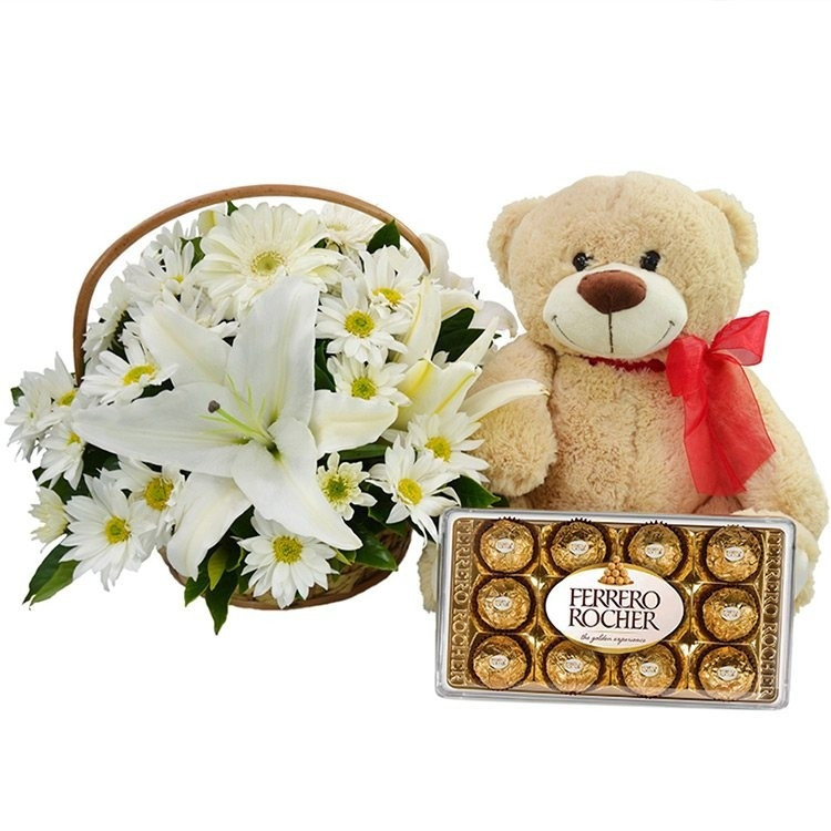 Cesta de Flores Brancas, Pelúcia e Chocolate