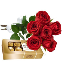 Buquê 6 Rosas Vermelhas e Ferrero