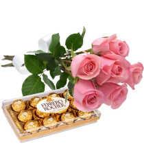 Buquê 6 Rosas Cor de Rosas com Ferrero Rocher