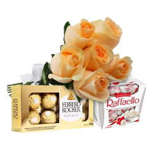 Buquê 6 Rosas Champanhe, Raffaello e Ferrero