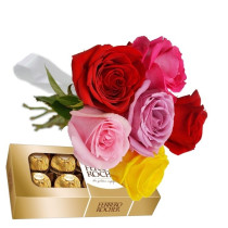 Buquê 6 Rosas Coloridas e Ferrero