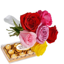 Buquê 6 Rosas Coloridas com Ferrero Rocher